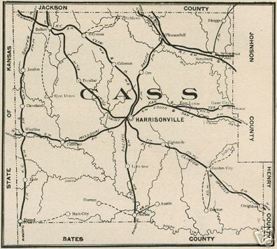 Cass County Missouri map including Harrisonville, Pleasant Hill, Belton, Garden City, Peculiar, Raymore, Gunn City, East Lynne